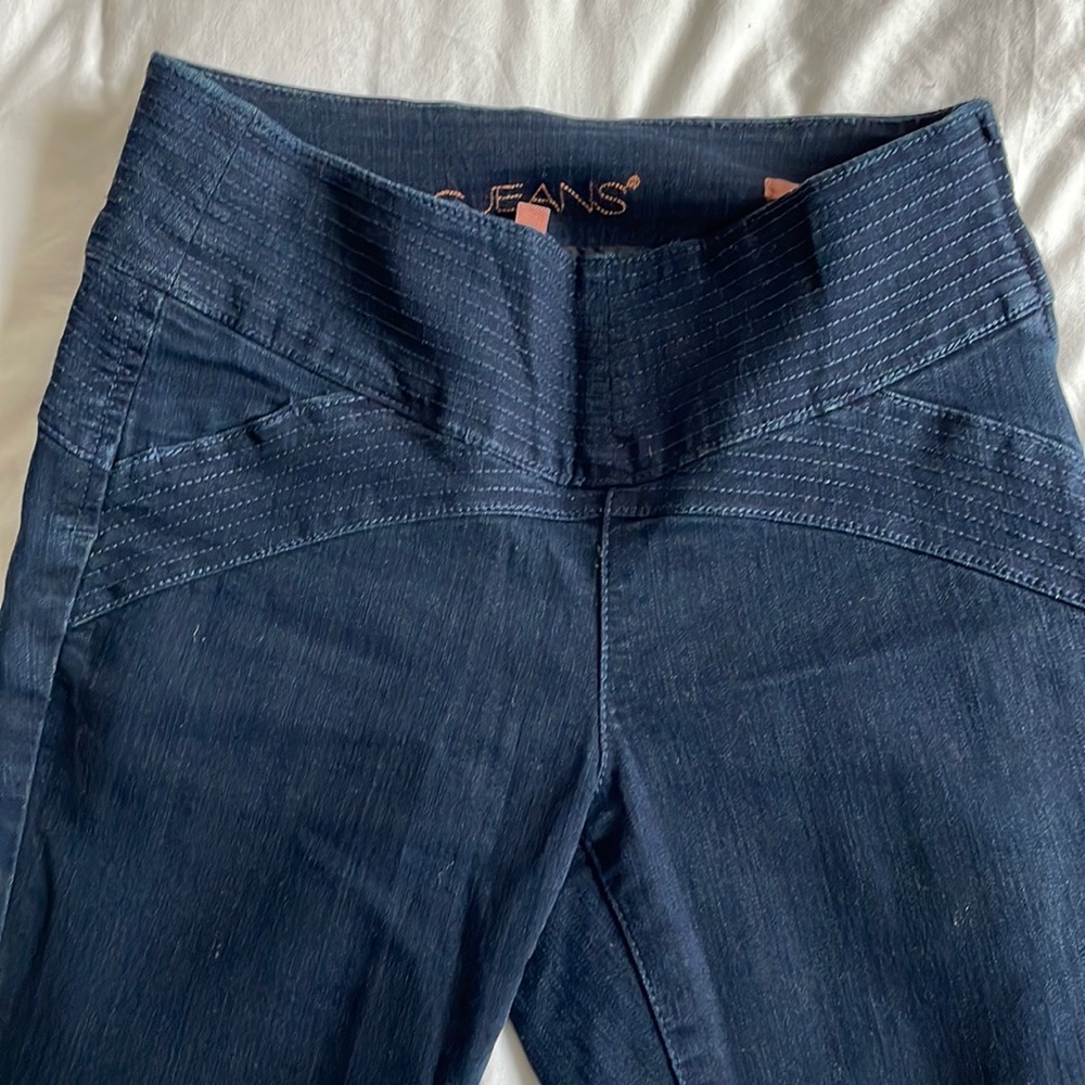 High waisted side closure dark wash skinny jeans